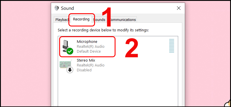 Chọn Recording, Nhấn đúp vào Microphone