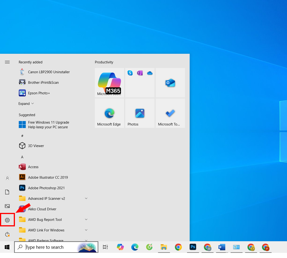 Mở Settings từ Start Menu