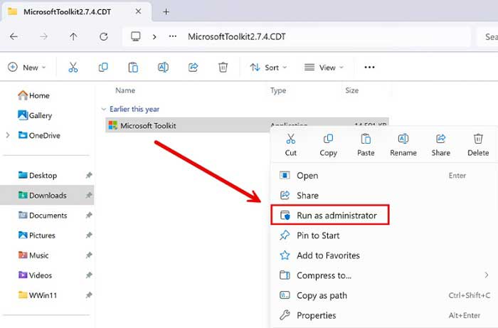 Nhấp chuột phải vào tệp Microsoft Toolkit